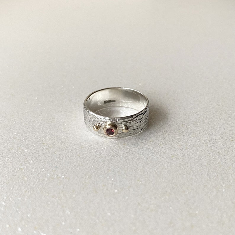 Wide mixed metal ring with January birthstone Garnet, Geniune tiny garnet ring, Handmade sterling silver ring with gold accents image 5