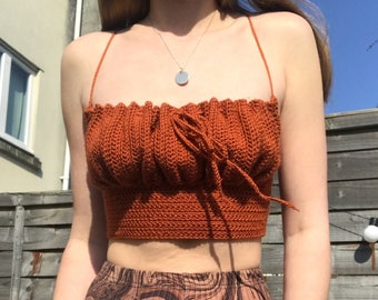 Crochet Cami Rushed Lace-up Crop Top // Handmade Crochet Top // Summer Crochet Top // Milkmaid Top // Open Back Top // Tie Top