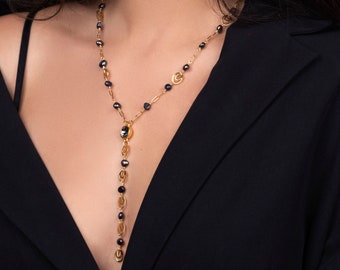Evelyn Necklace, Swarovski Black Necklace, Y Drop-Down Necklace, Gold and Black Pearl Necklace