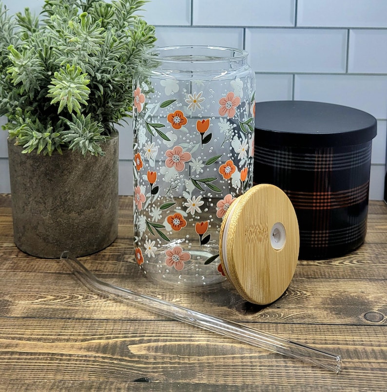Speckled Floral 16oz Glass Can Tumbler With Bamboo Lid and Glass Straw ...