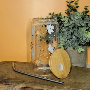 16oz Glass Can Cup with Bamboo Lid and Straw | Fall Maple Leaves Tumbler | Autumn Glass Cup with Cleaning Brush