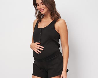 Ensemble pyjama de maternité en coton, short et débardeur noirs, vêtements de nuit d'allaitement