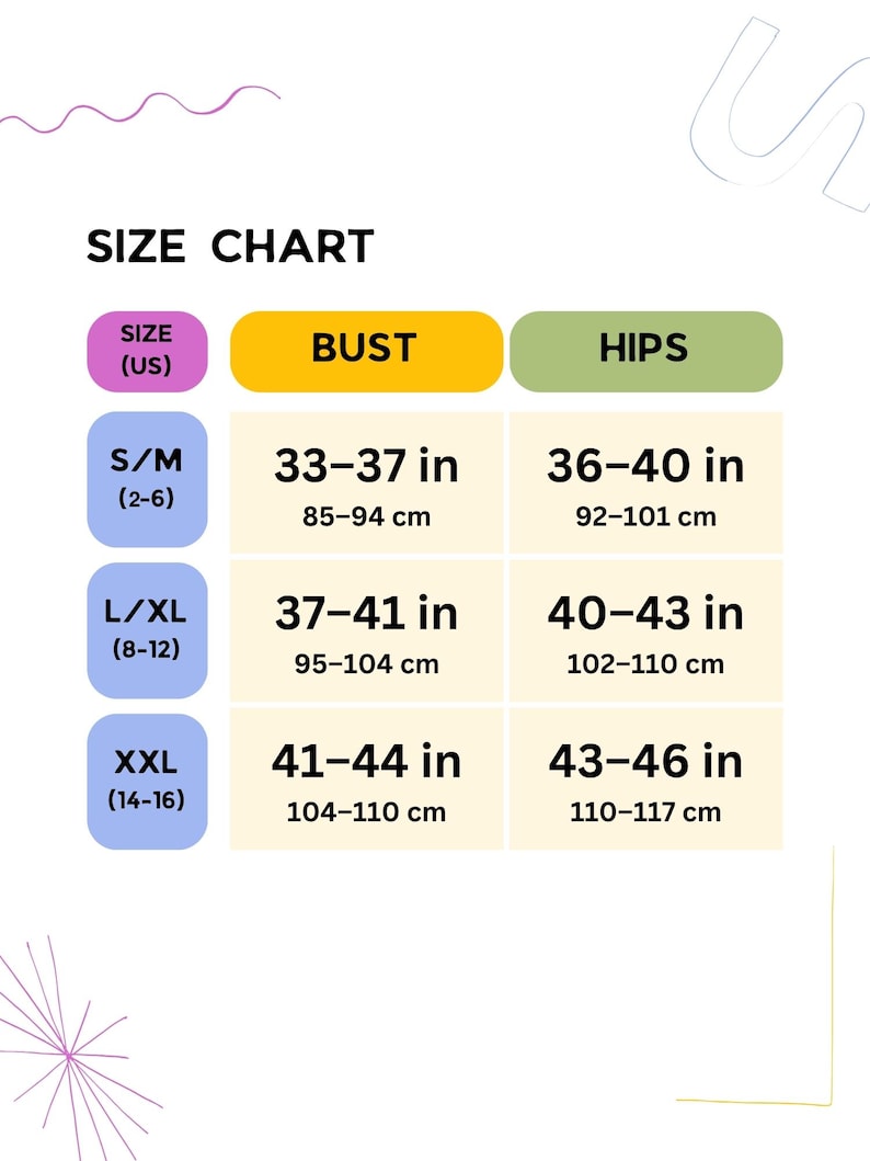 May include: A size chart with the text "SIZE CHART" at the top. The chart includes bust and hip measurements in inches and centimeters for sizes S/M (2-6), L/XL (8-12), and XXL (14-16).