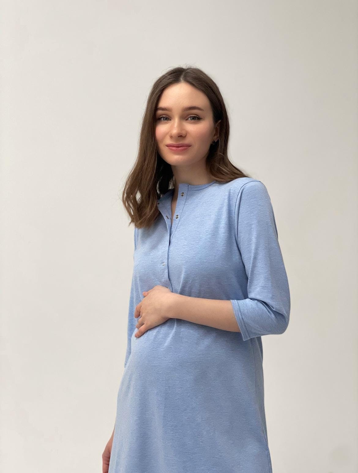 chinese dress ladies Maternity Pima Pleat Neck Nightgown in French Blue | Women's | Soft Pajama/Sleepwear | Pima Cotton | Small