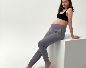 Maternity Pants, Cotton Pregnancy joggers, Grey Trousers under the bump, Maternity Clothes