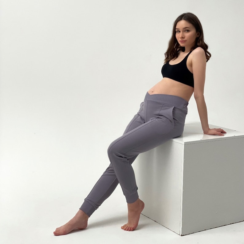 Black Cotton Maternity Pants, Under Bump Trousers, Comfortable Pregnancy Clothes image 7