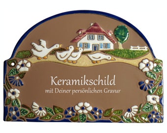Keramikschild 23,5 x 17 cm - Gänse+Haus