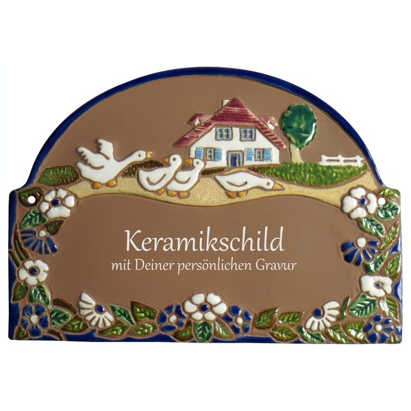 Keramikschild 23,5 x 17 cm - Gänse+Haus