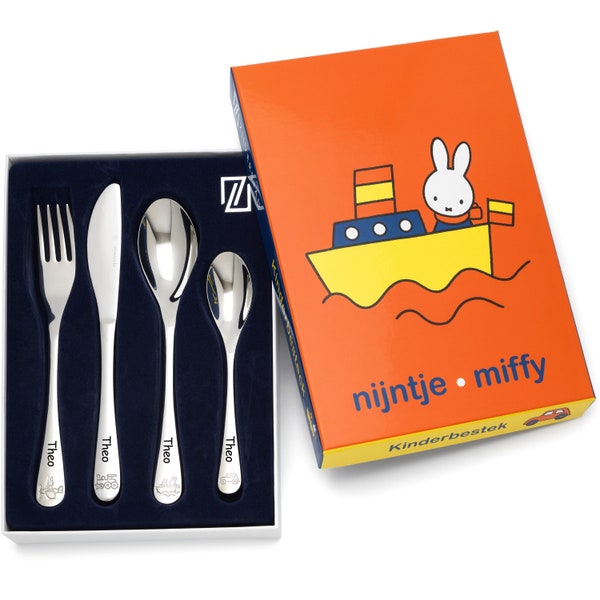 Children's cutlery - vehicles miffy - locomotive, boat, plane, car 4-piece incl. engraving