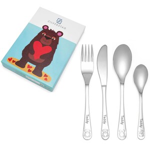 Couverts pour enfants - adorable ours en peluche avec cœur - 4 pièces avec gravure