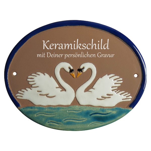 Keramikschild 19 x 14,5 cm - zwei weiße Schwäne