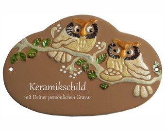 Keramikschild 19 x 12 cm - zwei Eulen