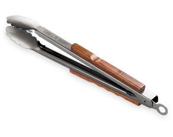 Barbecue tongs (44.5 cm) with ergonomic wooden handle with engraving of your choice