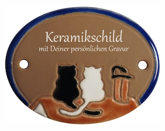 Keramikschild 8,5 x 6,5 cm - 2 Katzen