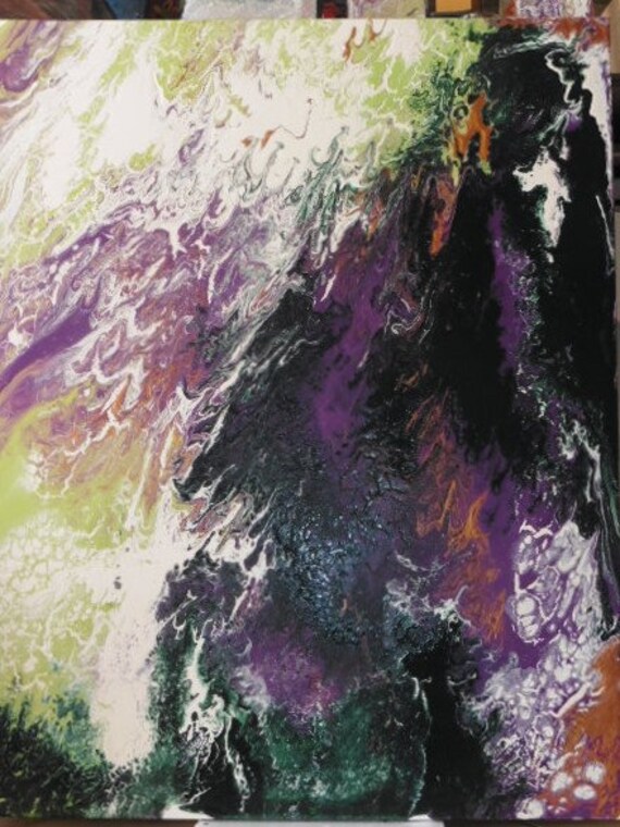 Mixedmedia Tableau Artbrut Mediumnique Vert Violet Glycero Acrylique