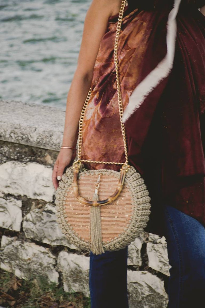 Round Crochet Bag Cork Handbag Cork Crochet Shoulder Bag Etsy