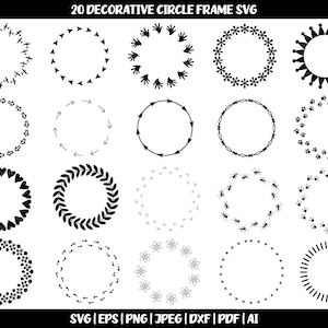May include: Black and white digital graphic of 20 decorative circle frames with various designs. The frames include arrows, hearts, flowers, and other patterns. Text at the top reads "20 DECORATIVE CIRCLE FRAME SVG".