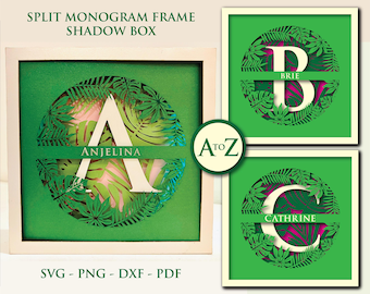 Tropical Split Monogram Shadow Box SVG: familienaambord (digitale download)