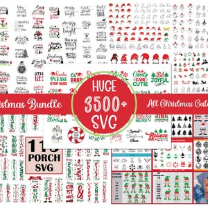 May include: A collection of Christmas-themed SVG files, including text designs, holiday graphics, and decorative elements. The image features a variety of festive illustrations, such as Santa hats, elves, and ornaments, perfect for crafting projects.
