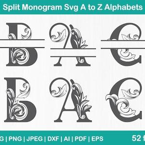 Barock Split Buchstabe Monogramm SVG Bundle, Laser geschnittene Split Buchstabe Schriftart, elegantes Barock Monogramm Alphabet Dateien