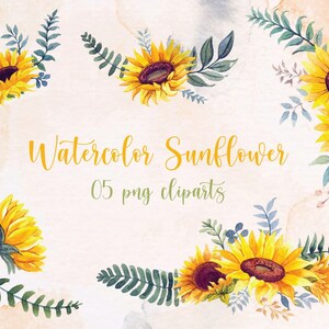 Sunflower PNG, Watercolor Sunflower clipart, Sublimation design, Seamless border, wreath, bouquet, floral frame digital download