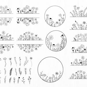 Ensemble SVG de fleurs sauvages | Coquette Esthétique Fleur Croquis | Fichiers de découpe silhouette pour Cricut | Décoration florale PNG pour la maison