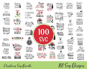 May include: A collection of 100 SVG designs with Christmas themes. The designs feature festive phrases, wine glasses, and holiday-related graphics. The image includes the text "Christmas SVG Bundle" and "100 SVG Designs".