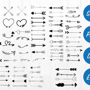 May include: A selection of black, hand-drawn arrow designs in diverse styles, such as crossed arrows, heart-shaped arrows, and arrows with decorative features. The image also features blue circles with the text "SVG", "PNG", "DXF", and "EPS".