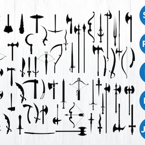 May include: A collection of black weapon silhouettes, including swords, axes, bows, and other medieval weaponry. The image also includes blue circles with the text "SVG", "PNG", "EPS", "DXF", and "JPEG".
