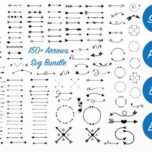Puede incluir: Una colección de más de 150 diseños de flechas negras en varios estilos, incluyendo opciones rectas, curvas y decorativas. La imagen también incluye el texto "150+ Arrows Svg Bundle" y círculos azules con los textos "SVG", "PNG", "DXF" y "EPS".