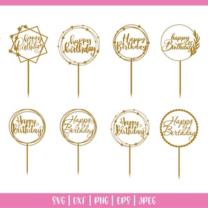 Pacote de topo de bolo de feliz aniversário SVG | Decorações para bolo de aniversário | Arquivos Cricut e cortados a laser | Chá de bebê, molduras circulares, monograma SVG