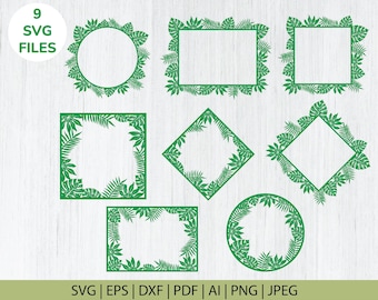 Pacchetto SVG con cornice di foglie tropicali: Clipart floreale della giungla (file di taglio)
