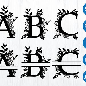 Botanisches Monogramm SVG-Bundle, Split-Blumensvg-Monogramm, Nachname-Zeichen, Initialschrift-Schnittdatei, Alphabet Clipart, Split-Buchstabe Cricut