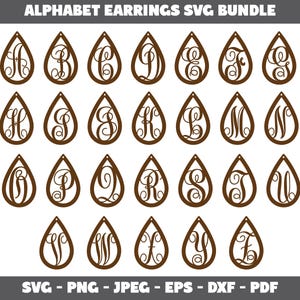 May include: A collection of brown, teardrop-shaped alphabet earrings. Each earring features a different letter of the alphabet in a decorative font. The text "ALPHABET EARRINGS SVG BUNDLE" is at the top. The bottom text reads "SVG - PNG - JPEG - EPS - DXF - PDF".
