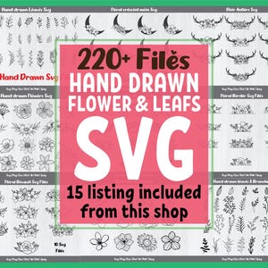 Pacote de flores desenhadas à mão em formato SVG | Flores silvestres em formato SVG | Pacote de clipart floral em formato PNG | Arquivo PNG com folhas desenhadas à mão