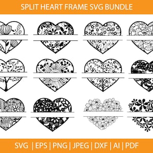 May include: A set of 12 split heart frame SVG files. Each frame features a different intricate floral design. The frames are perfect for creating personalized gifts or home decor.