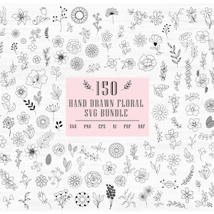 Pacchetto SVG di fiori selvatici, pacchetto SVG di fiori disegnati a mano, clipart di fiori, clipart di margherite, png di girasole