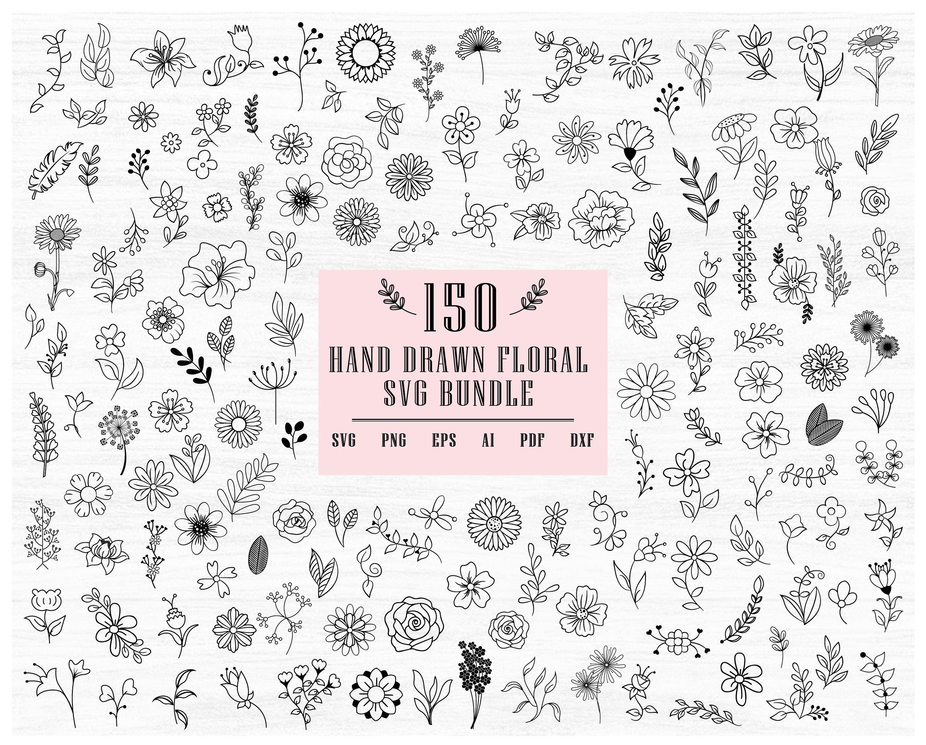 Wildflower SVG Bundle, Hand drawn Floral svg bundle, clipart flowers, Daisy clipart, sunflower png
