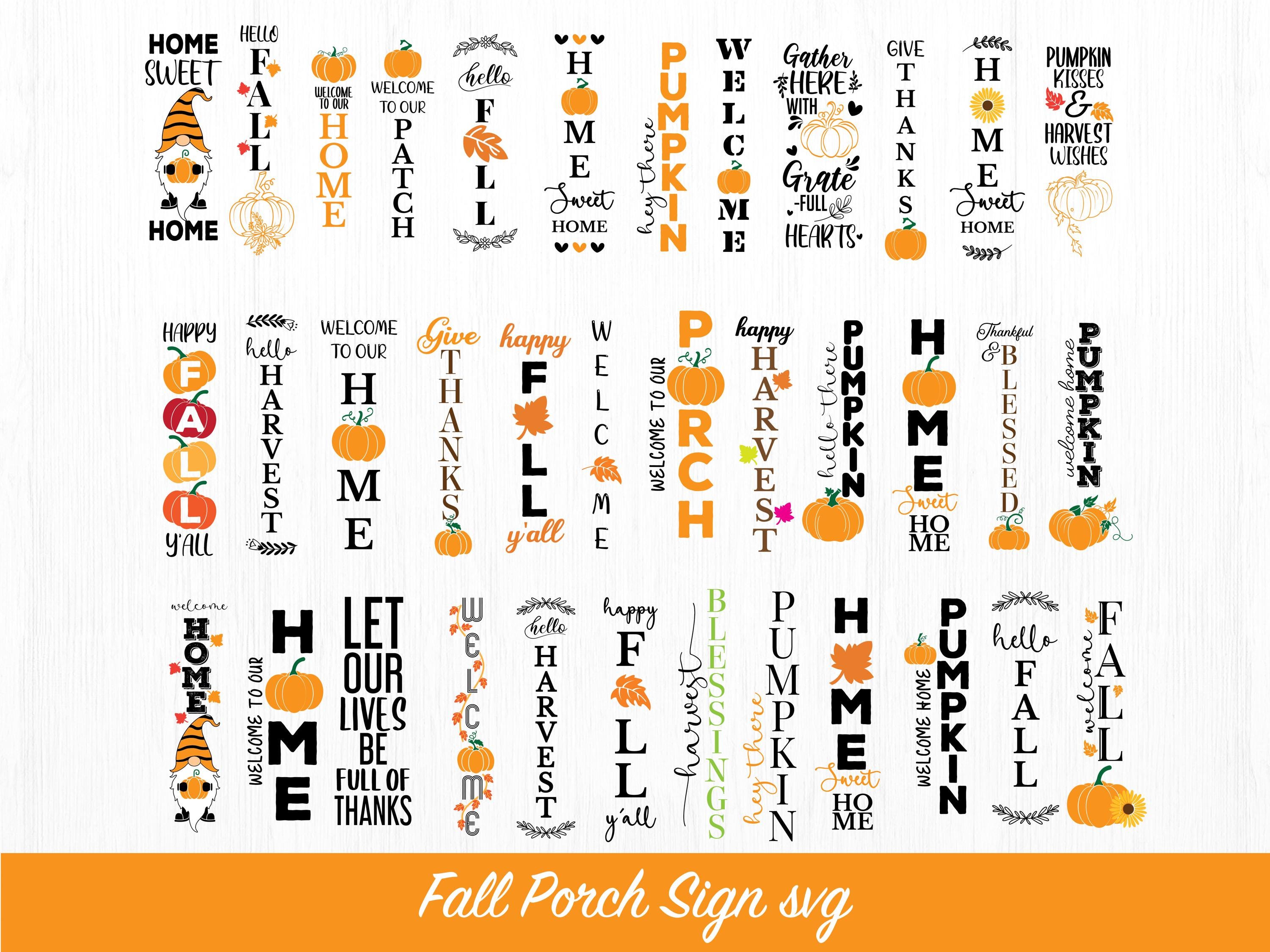 Paquete de letreros SVG de porche de otoño, letreros verticales SVG de Acción de Gracias, porche de casa PNG, archivos SVG para Cricut