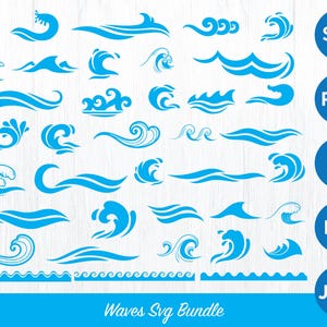 May include: A collection of blue wave designs in various styles. The image includes multiple wave illustrations, from simple lines to complex curls, with the words "Waves Svg Bundle" at the bottom. File type icons for SVG, PNG, EPS, DXF, and JPEG are also present.