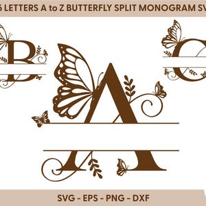 May include: A split monogram design featuring the letter A with a butterfly on the left side and a decorative swirl on the right. The letters are brown and the butterfly is brown with intricate details.