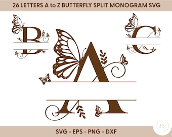 Motylowy podzielony monogram SVG: litery alfabetu kwiatowego (pliki cyfrowe)