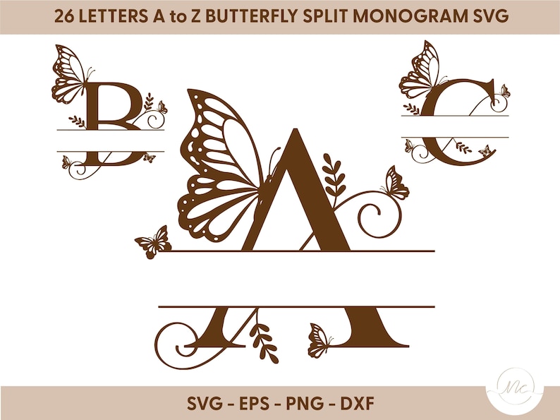 Butterfly Split Monogram SVG: Floral Alphabet Letters (digital Files ...