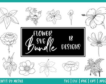 Handgezeichnete Blume SVG Bundle: Floral Line Art Clipart (digitaler Download)