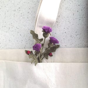 Crochet Scottish Thistle flowers with little ladybirds Brooch, Wedding flower boutonniere, Gift for mom, Gift for her, Thank you gift.