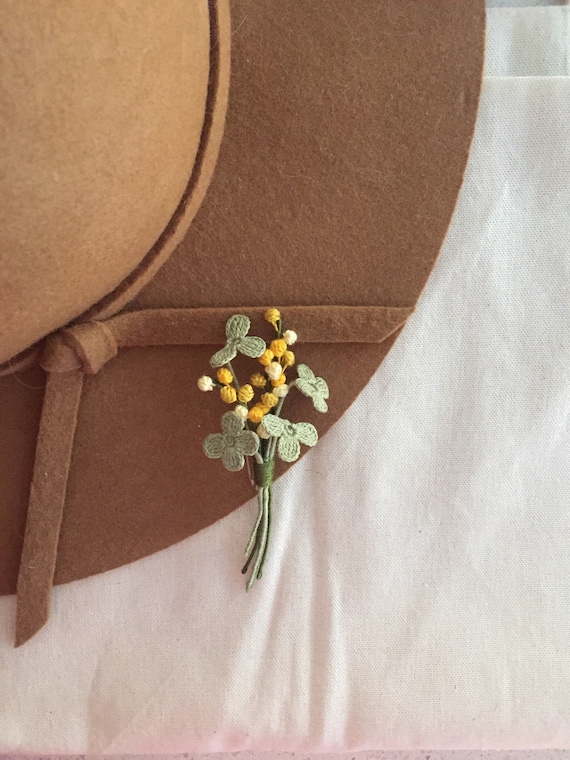 Mimosa Boutonniere Hand-Embroidered Brooch Pin Mimosa Boutonniere Hand-Embroidered Brooch Pin