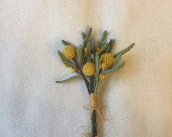 Crochet Wattle and Billy Bottons Brooch, Wedding flower boutonniere, Thank you gift, Handmade brooch. Mother’s Day gift. Meaning gift.