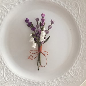 Crochet Lavender and lily of the valley Brooch, Wedding flower boutonniere, Thank you gift, Handmade brooch. Mother’s Day gift. Meaning gift