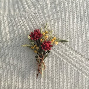 Crochet Waratah and Wattle flower Brooch, Wedding flower boutonniere, Thank you gift, Handmade Native flower brooch