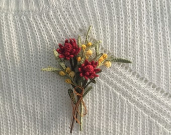 Crochet Waratah and Wattle flower brunch Brooch, Wedding flower boutonniere, Thank you gift, Handmade Native flower brooch